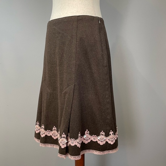 Y2K Express Wool Blend A Line Sequin Beaded Skirt Size 6 Brown & Blush Pink - Picture 5 of 13